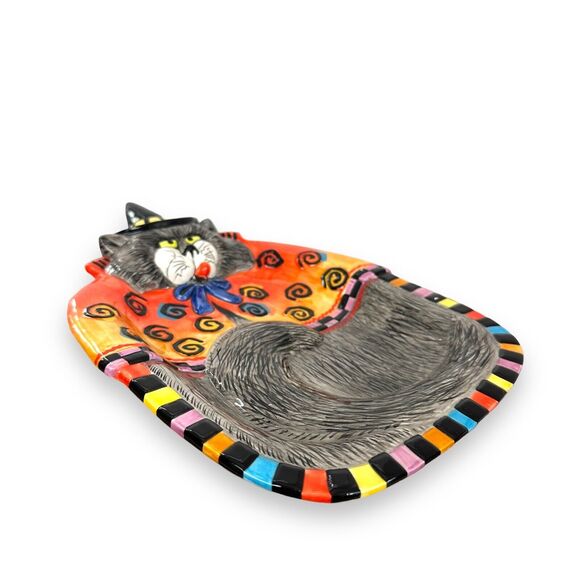 Fitz & Floyd Ceramic Canape Tray Kitty Witches Curly Qs Cat Plate Halloween New - Picture 4 of 14